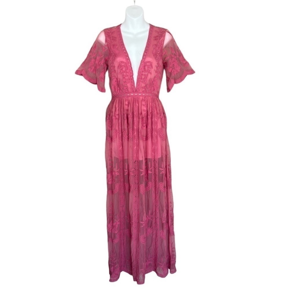 Honey Punch Pink Lace Maxi Romper Dress Sheer Floral Overlay S NWT - Picture 2 of 12